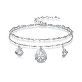 Cagari Sand Dollar Anklets Bracelets for Women, 925 Sterling Silver Hypoallergenic Shell Anklets Waterproof, Birthday Christmas Womens Seashell Anklet Beach Jewelry Gifts with 9"+2" Chain