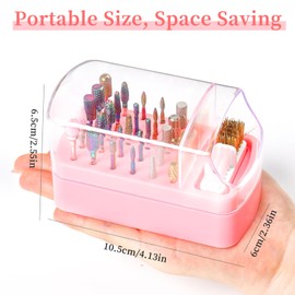 2 in 1 Nail Drill Bits Holder & Cleaning Brush Case, 30 Holes Dustproof Nail Art Drill Bits Stand Display Storage Box and Cleaner Manicure Tools (Pink)