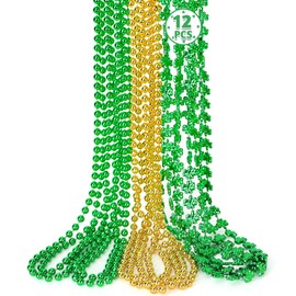 12 PCS St Patricks Day Necklace, Gold Green Beads Shamrocks Necklace, Plastic Shamrocks Bead Necklace Set, Irish Beer Decorations Supplies for St.Patricks Day Accessories Decorations Favors Bulk