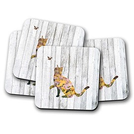 Silver Kangaroo Cat with Butterfly Drinks Coasters - set of 4 drinks mats ideal new home present or housewarming gift