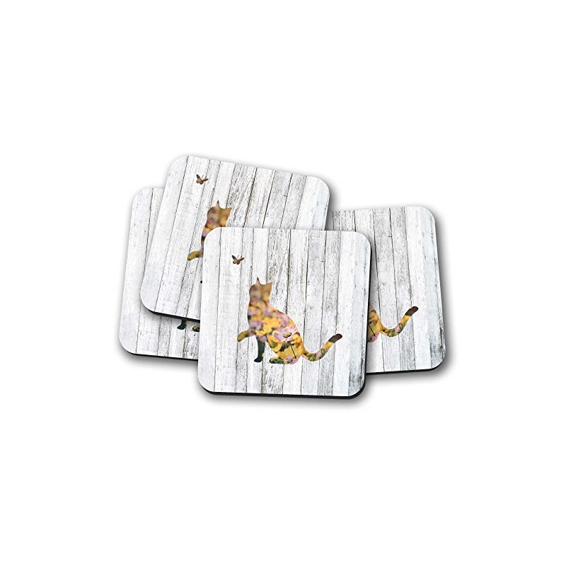 Silver Kangaroo Cat with Butterfly Drinks Coasters - set of