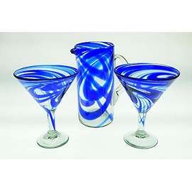 Mexican Glass Margarita/Martini Blue Swirl, with matching pitcher, set of 3