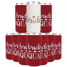 PartyGifts&beyond 10Packs Bachelorette Party Decorations Slim Can Cooler Bridesmaid Gifts Can Sleeves Bride Squad Can Coolers for Party(Wine Red)