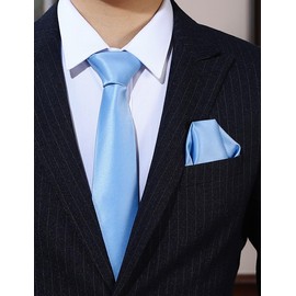 PenSee Men's Tie Set Solid Pure Color 3.15" (8CM) Classic Formal Plain Necktie and Pocket Square Set For Men, 037-light Blue, Medium
