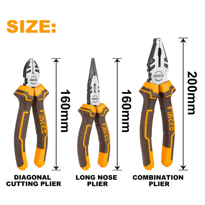 INGCO 3PCS Pliers Set Hand Tools Set, 8" Combination Pliers