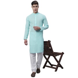 Sojanya (Since 1958, Kurta de algodón puro para hombre con bordado blanco, Verano, Small