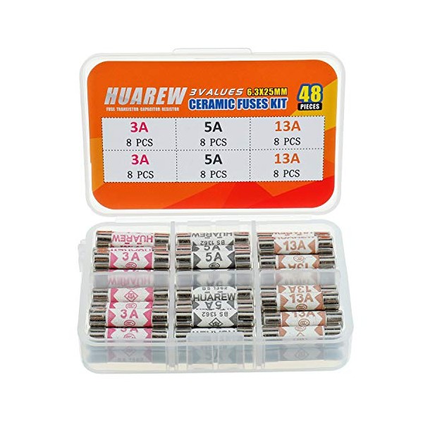 HUAREW 3 Values 48 Pcs 6.3x25 mm BS1362 3A 5A 13A 240 V 0.248x0.984 Inch Ceramic Tube Fuses Assortment Kit