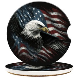 Bald Eagle On American Flag Car Coasters for Cup Holders,2 Pack Absorbent Ceramic Car Coaster Set with Finger Notch & Cork Base for Women Men 2.56"