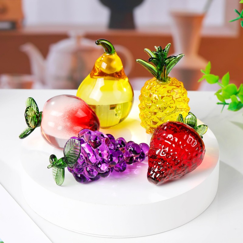 YWHL Handcraft Glass Peach Figurine Kitchen Decor, Crystal Art Fruit