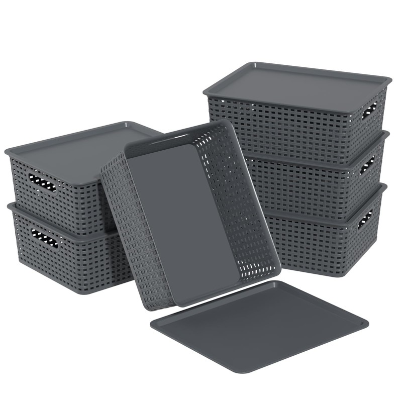 Idotry Plastic Storage Baskets with Lids, Organizer Bins, 6-Pack, Gray