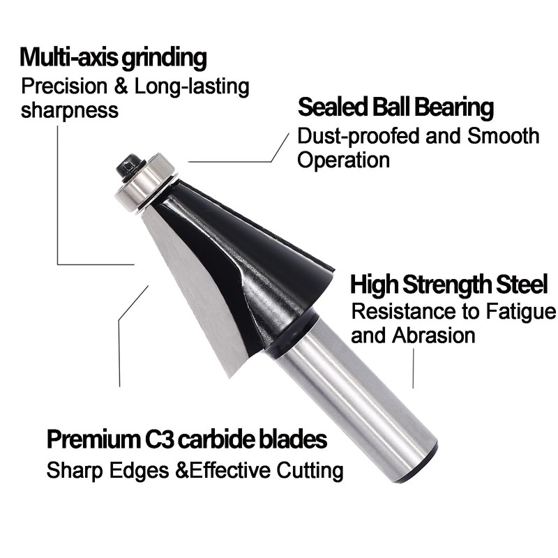 SICWOOD Chamfer Router Bit 1/2 Shank, 15° Degree Carbide 2-Flute
