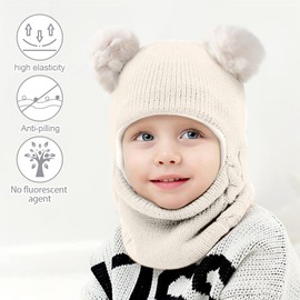 Riisoyu Toddler Baby Scarf Hat Warm Cute Baby Hat Knitted Hat with Bobble Velvet Lining Children 2 in 1 Winter Hat with Velvet Lining Earflap Hat for Baby 2-7 Years, White, White