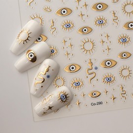 5D Embossed Gold Star Nail Stickers for Nail Art Gold Nail Art Stickers Decals for Acrylic Nails Self Adhesive Nail Decals Design Evil-Eyes Nails Supplies for Women Girls