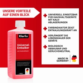 Klarfix Universal descaler with colour indicator, highly effective descaler for all household appliances with water contact with colour indicator, universal use and gentle on materials (1 x 500 ml)