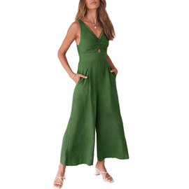 ANRABESS Women's Jumpsuits Summer Wide Leg Sleeveless V Neck Casual Dressy Linen Pants Rompers 2025 Vacation Beach Outfits Green Medium