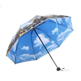 Romantic Oil Painting Folding Travel Sun Umbrella UV Protection UPF 50+ Rain Resistant Compact Size Parasol Double Layer Blue Sky White Clouds (Autumn in Paris)