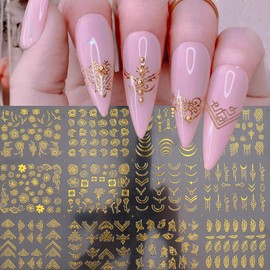 IDDFEVE Gold Baroque Nail Art Stickers - Leaves Line Self-Adhesive 3D Nail Decal for DIY Golden Manicure (12 Sheets)