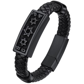 Men's Stainless Steel Black Star of David Black Braided Genuine Leather Bracelet Bangle Gift For Dad Husband Bf Son Friends 21cm