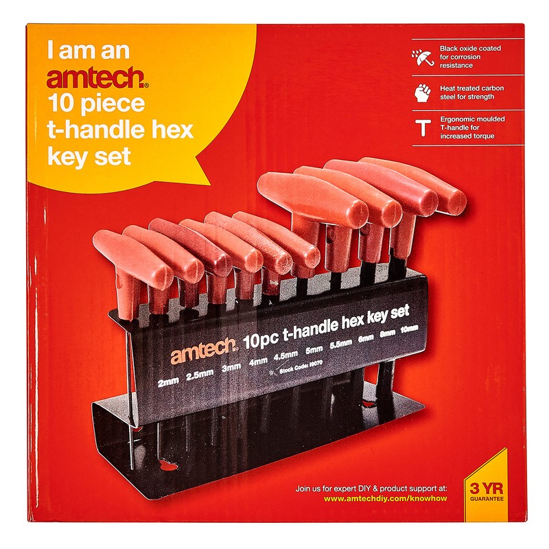 Amtech I9070 T-Handle Hex Key Set, Sizes 2, 2.5, 3,