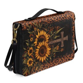 Wnbucioht Cross Sunflower Leopard Print Leather Study Bible Cover for Women with Zipper Pocket Carrying Book Case with Handles and Shoulder Strap Church Bag for Women Tote Bag for Christian Gifts XL