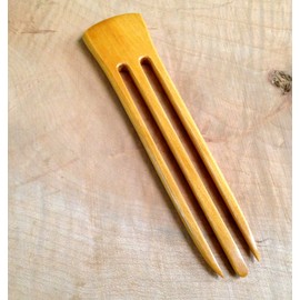 (1) Yellow Teak Wood Three Prong 6 Inch Straight Hair Stick Pick Pic Pin Fork