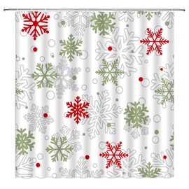HYKHYK Snowflake Shower Curtain Christmas Winter Red Sage Green Grey Snowflake Xmas Holiday New Year Fabric Bathroom Curtain Set with Hooks(70" WX70 H)