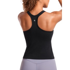 CRZ YOGA Seamless Ribbed Womens Tank Top Racerback Camisoles with Built in Bra Padded Scoop Neck Athletic Workout Slim Tanks Black Large