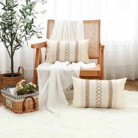 LIGICKY Set of 2 Boho Lumbar Cushion Covers 12 x 20 Inch Farmhouse Throw Pillow Cover Burlap Textured Striped Woven Pillowcase Rectangle Pillows for Sofa Couch Living Room Home Decor