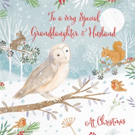 Hunts England - Granddaughter And Husband Cute Owl Christmas Card - Nature's Treasures - Happy Animal Wildlife Merry Xmas Card - Robin, Mouse, Squirrel - From Grandad, Grandma, Grandparents