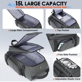 RAINSMORE Bike Bags for Bicycle Rear Rack 15L Waterproof Bike Ebike Trunk Pannier Saddle Bag with Rain Cover Bike Accessories Backpack Shoulder Bag for Commuter Travel Outdoor, Grey