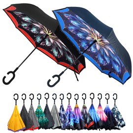 Parquet 2-Pack Double Layer Inverted Umbrellas - Galaxy Flower Shaped Handle Reverse Folding Windproof Umbrella for Men and Women