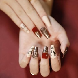 ZningEsxi 24 Pcs Christmas Medium Press on Nails Glossy Acrylic Fake Nails Artificial Easy Take Nails DIY Manicure Decoration Red Xmas Elk Women and Girls