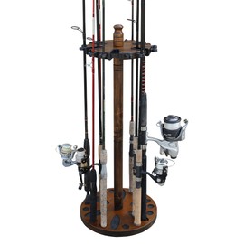 Rush Creek Creations Round 24 Fishing Rod Rack with Dual Rod Clips - No Tool Assembly - Water Resistant Dark, 24-Rod Light Wood
