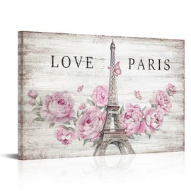 FuShvre Pink Paris Canvas Wall Art Eiffel Tower Painting Prints Pink Flower Wall Decor for Bedroom Bathroom Framed 16"x24"