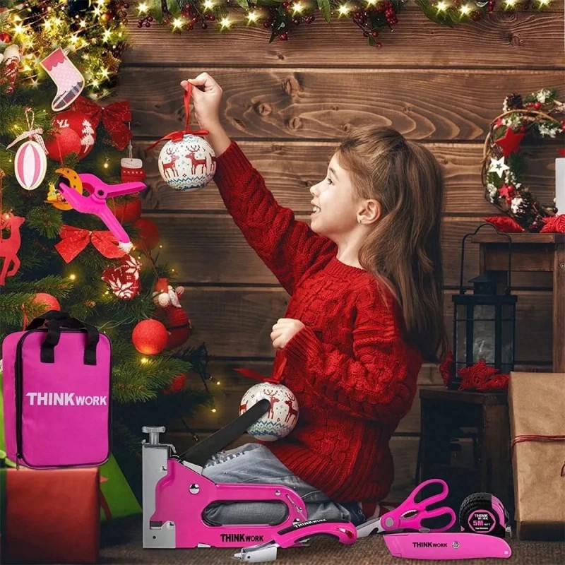 THINKWORK Pink Staple Gun Tool Set 25 Piece Home Tool