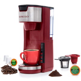 Mixpresso Red Single Serve Coffee Brewer K-Cup Pods Compatible & Ground, 30 oz Compact Coffee Maker Single Serve With 5 Brew Sizes Up To 14 Oz, Fits Travel Mug, Adjustable Drip Tray