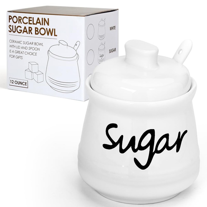 Swetwiny Ceramic Sugar Bowl with Lid and Spoon, 12 Ounces