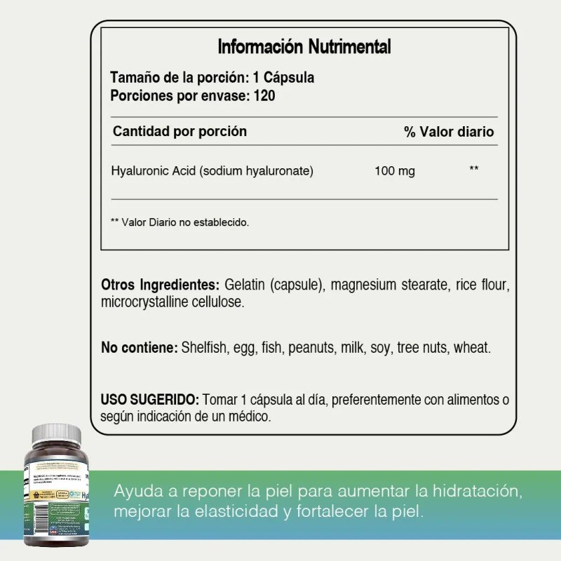 Acido Hialuronico 100mg Amazing Nutrition 120 Capsulas Sabor Sin Sabor