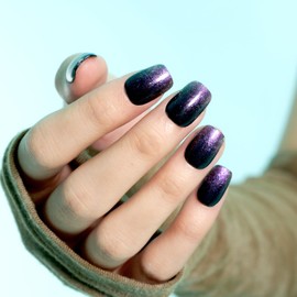 Press on Nails Short Ombre Purple Black Press on Nails Square Handmade False Nails with Glue on Nail 24PCS for Women
