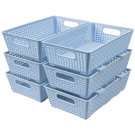 Stackable Woven Plastic Basket, Storage Bins for Cabinet, Closet, Shelf, Under Sink and Countertop, Pantry Organizer Bins, 6 Pack