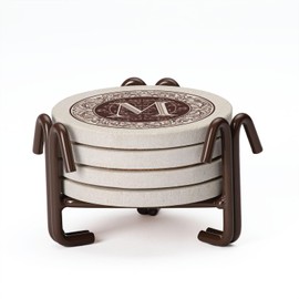 Thirstystone 4 Pack Monogram Letter M Sandstone Coasters in Bronze Iron Ram Coaster Holder 4.75" x 4.38" x 2.75"