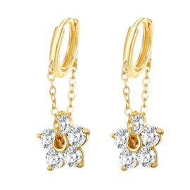 DEYOUM Solid 925 Sterling Silver CZ Flower Earrings for Women Dainty Trendy 14K Gold Plated Crystal Flower Chain Tassel Huggie Hoop Flower Dangle Drop Earrings (Gold Flower)