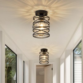 LAMKNVS Mini Flush Mount Ceiling Light Fixture Matte Black Spiral Cage Kitchen Island Lights Handblown Clear Hammered Seeded Glass Shade Farmhouse Chandeliers for Dining Room Entryway Porch Foyer