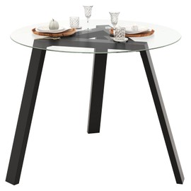 Giantex Round Glass Dining Table for 4 - Small Coffee Table with Rubber Wood Frame, Stable Triangular Structure, 36” Round Breakfast Table, Dinette Table for Living Room, Kitchen Table (Black)