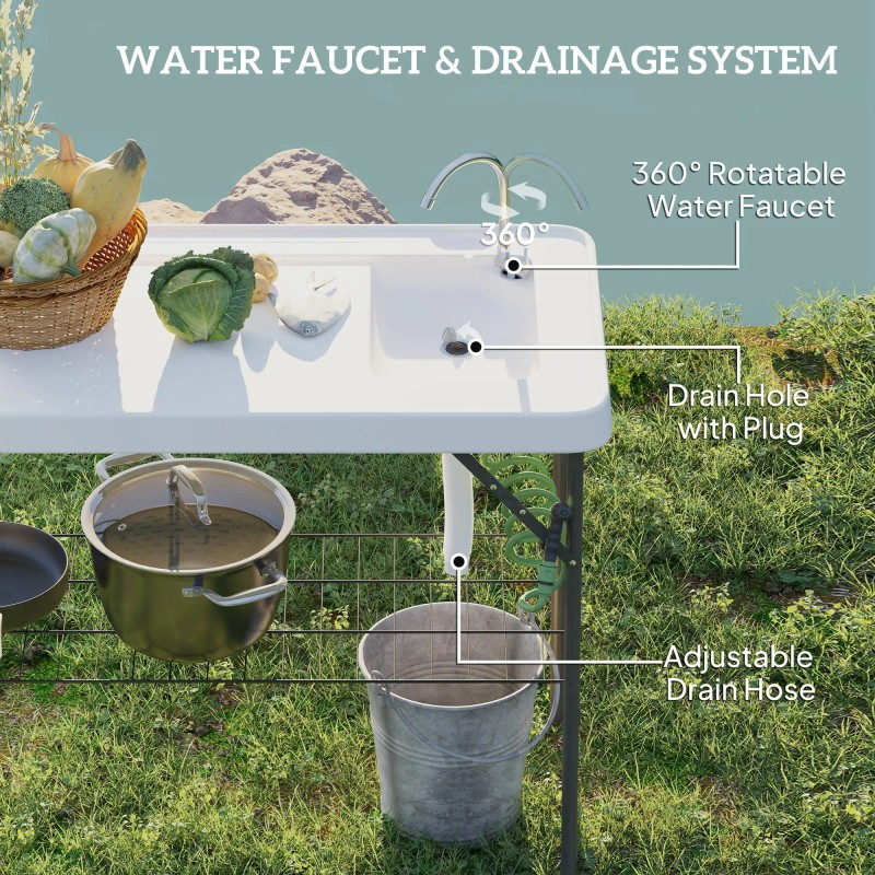 Portable White Folding Fish Cleaning Table with Sink Faucet Drainage