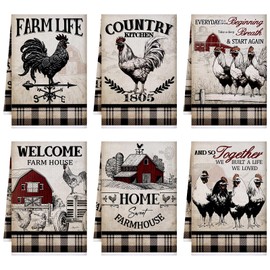 Bencailor 6 Pcs Rooster Kitchen Towels Farmhouse Vintage Dish Towels Farm Hand Towels 16 x 24 Inch Tea Towels for Cooking Baking Housewarming(Gray, Barn Farm)