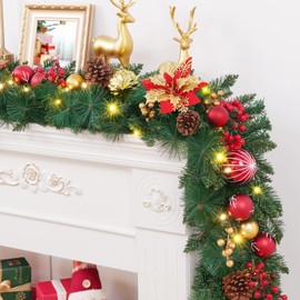Pre-Lit Christmas Garland with Lights for Mantle [Timer], Red Garlands for Decoration Christmas, 6Ft 8 Modes Lighted Garland with Poinsettias, Balls for Door Fireplace Table Centerpiece Outdoor Decor