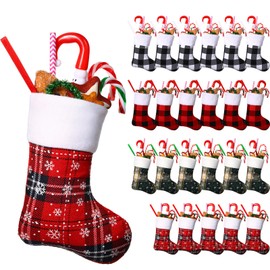 Honoson 100 Pieces 7 Inch Christmas Stockings Bulk Mini Buffalo Plaid Stocking Classic Stocking Red and Green Plaid Design Small Christmas Stockings Rustic Socks for Xmas Holiday Decorations