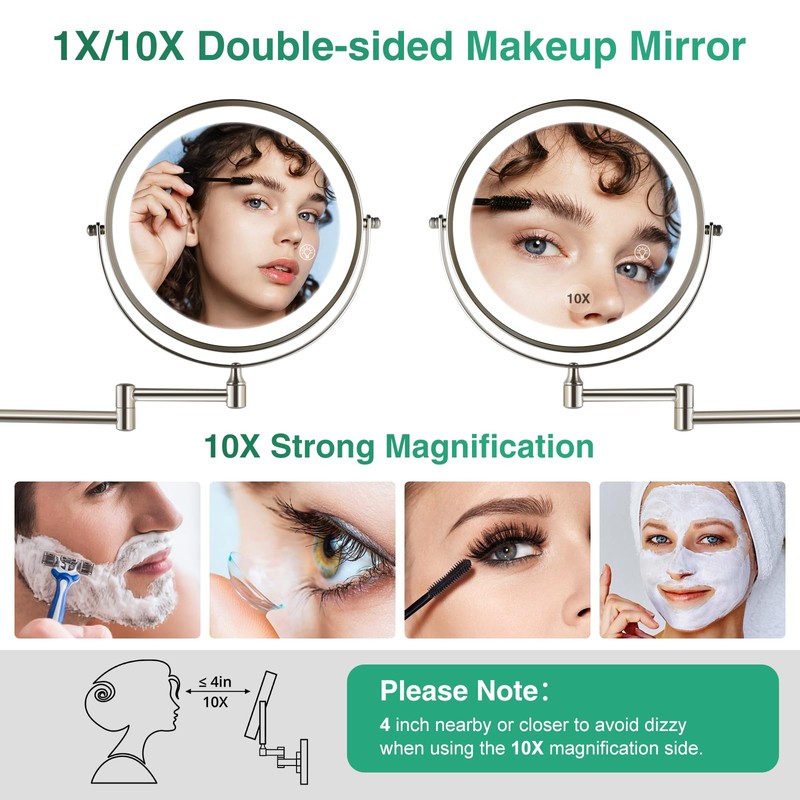 GREENFROM Rechargeable Wall Mounted Makeup Mirror Brushed Nickel, 8.5'' Magnifying
