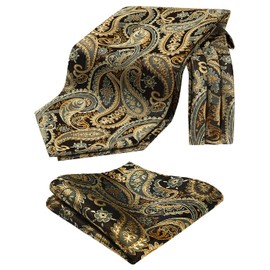 HISDERN Men's Gold Cravats Paisley Cravat and Handkerchief Elegant Floral Ascot Tie & Pocket Square Set for Wedding Party